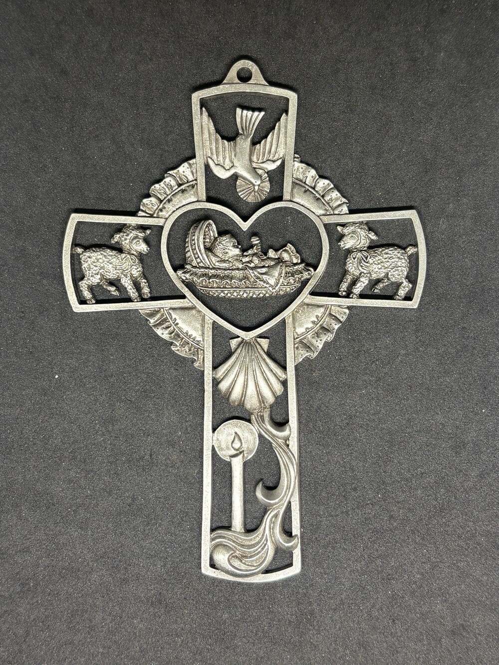 JCC Religious Fine Pewter 2000 Genuine Pewter Cross - Baby, Lambs, Dove 5.25 In
